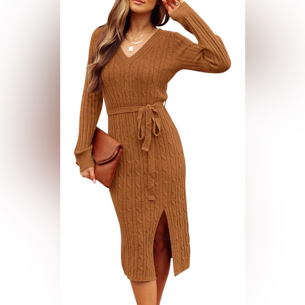 Women's Cable Knit Belted Sweater Dress - Caramel